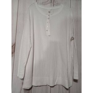 Ladies 1x Cason Waffle Knit Henley Top White Long‎ Sleeve Button Up Casual